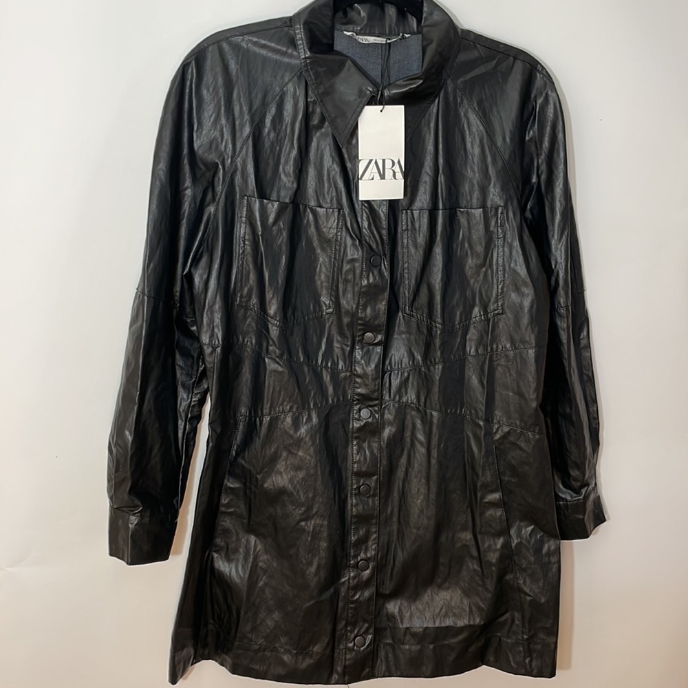 ZARA XL Faux Leather Long Sleeve Shirt Dress Snap Front Chest Pocket Black Mini - Picture 8 of 16